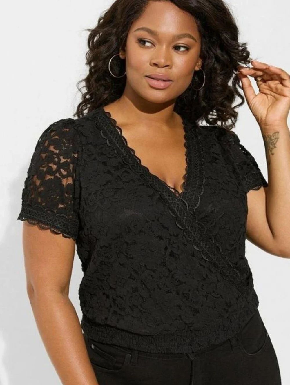 Torrid Black Lace V-Neck Surplice Short Sleeve Top - New